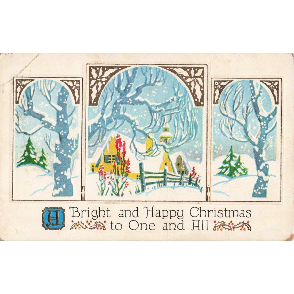 Christmas Postcard Embossed Triptych Winter Cottage Scene c1910 Divided Back - Picture 1 of 2